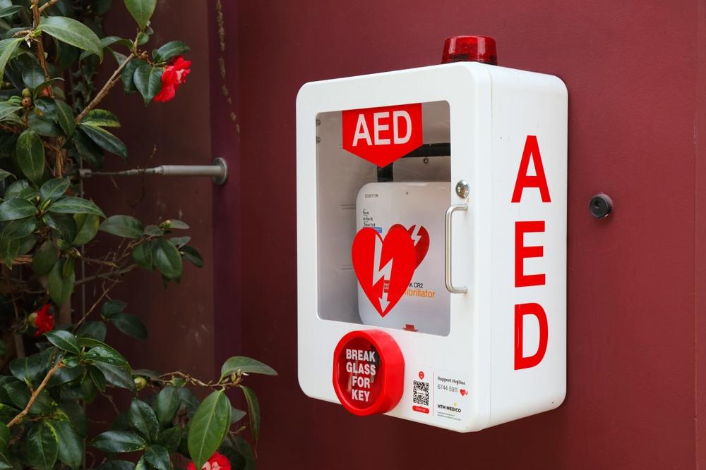 Automated External Defibrillator AED unit - medical emergency equipment in a public building in Singapore.